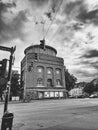 Street scene with water tower in Essen Huttrop Steeler StraÃÅ¸e, Germany, black and white